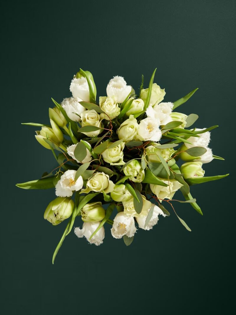 Tulpju un rožu pušķis pilnā garumā