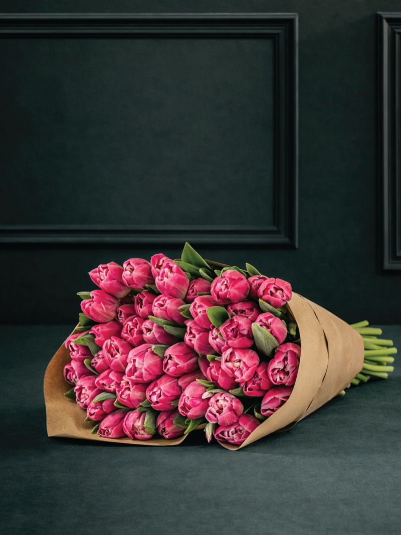 Spilgti rozā tulpju ziedu pušķis