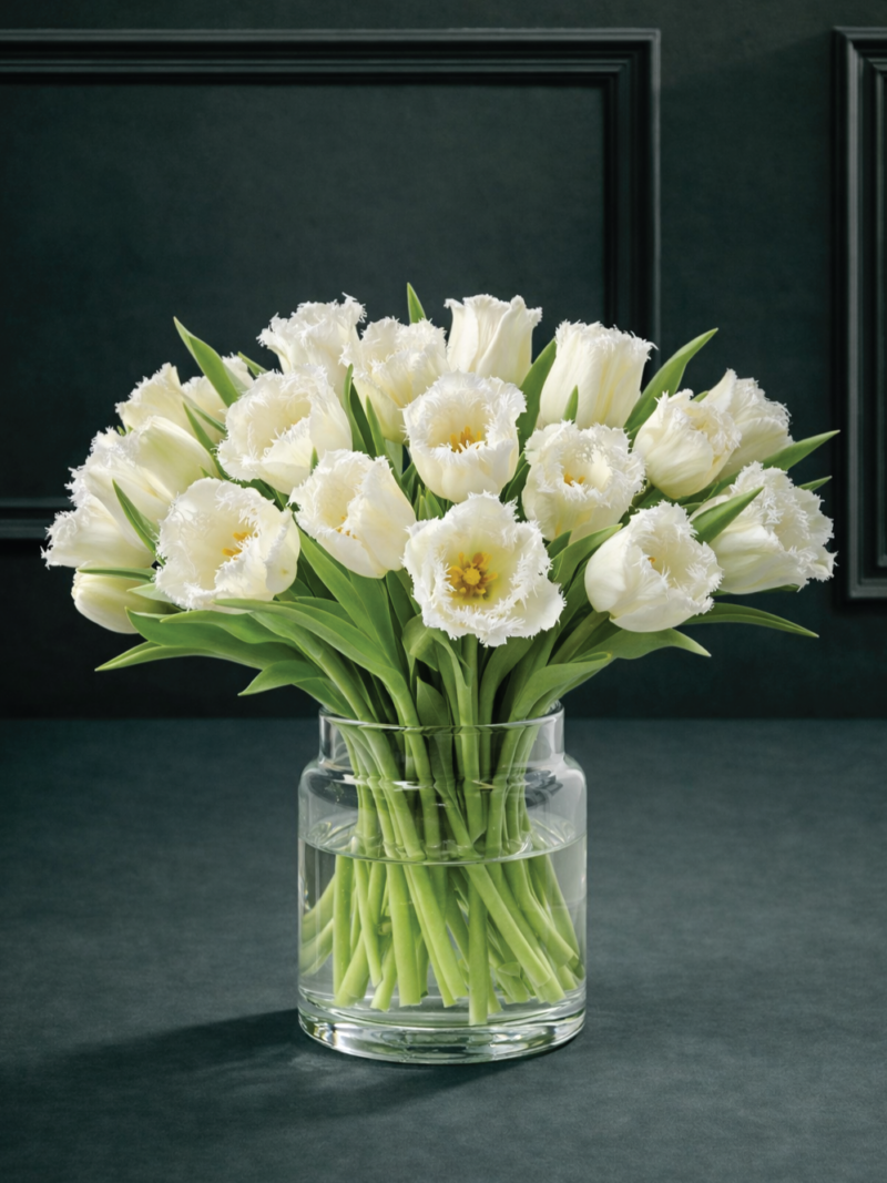 Balto griezto tulpju ziedu pušķis